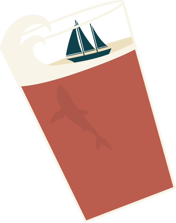 graphic of ship in tilting beer glass with shark in beer