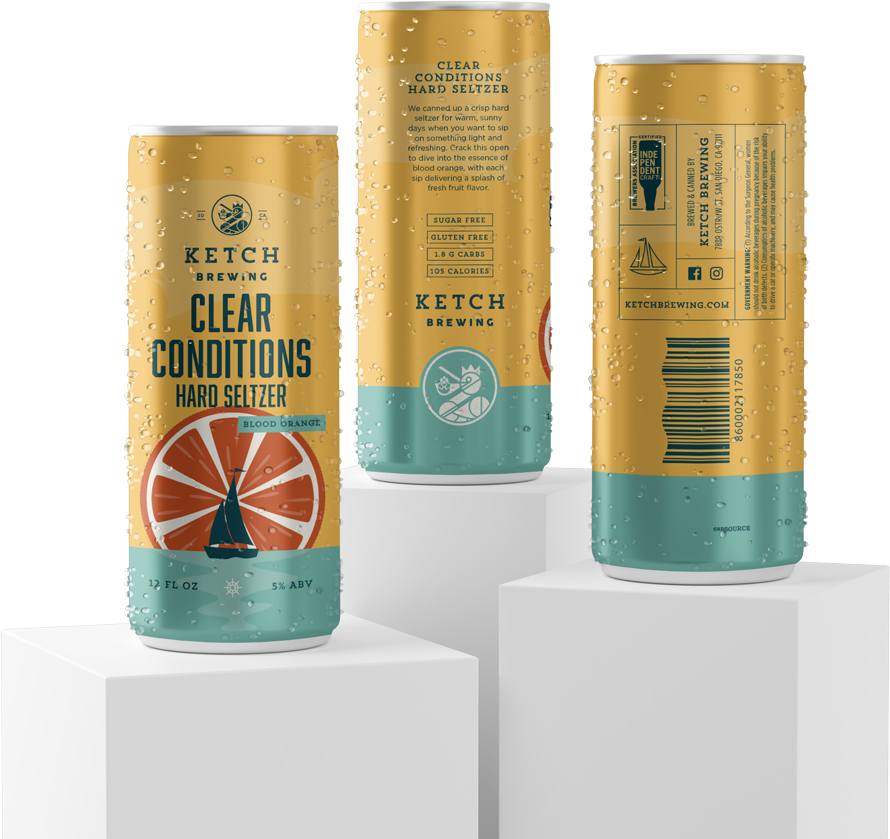 three cans of Ketch Clear Conditions Blood Orange on pedestals